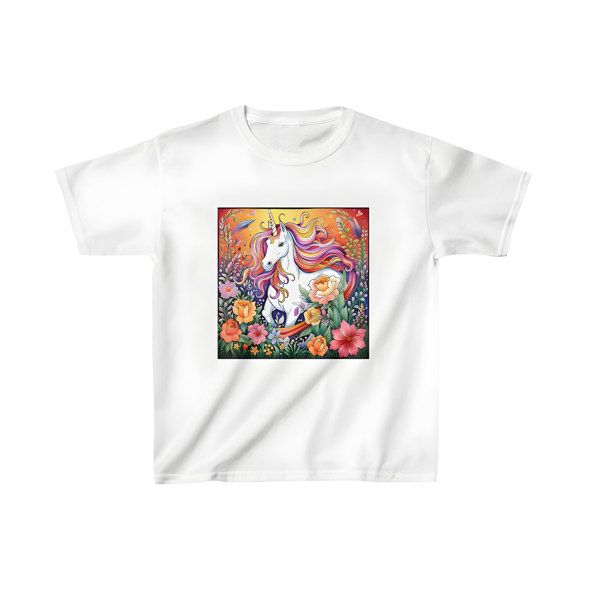 Colorful kid's t-shirt featuring a magical unicorn with rainbow mane surrounded by blooming flowers in a lush garden