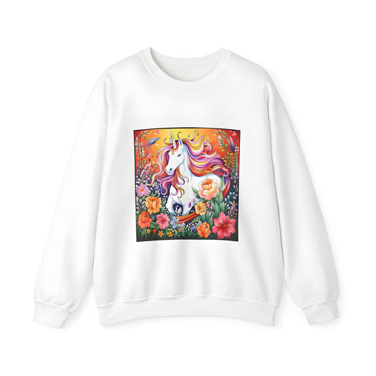 Adult Sweatshirt with Colorful Unicorn and Blooming Flowers Design