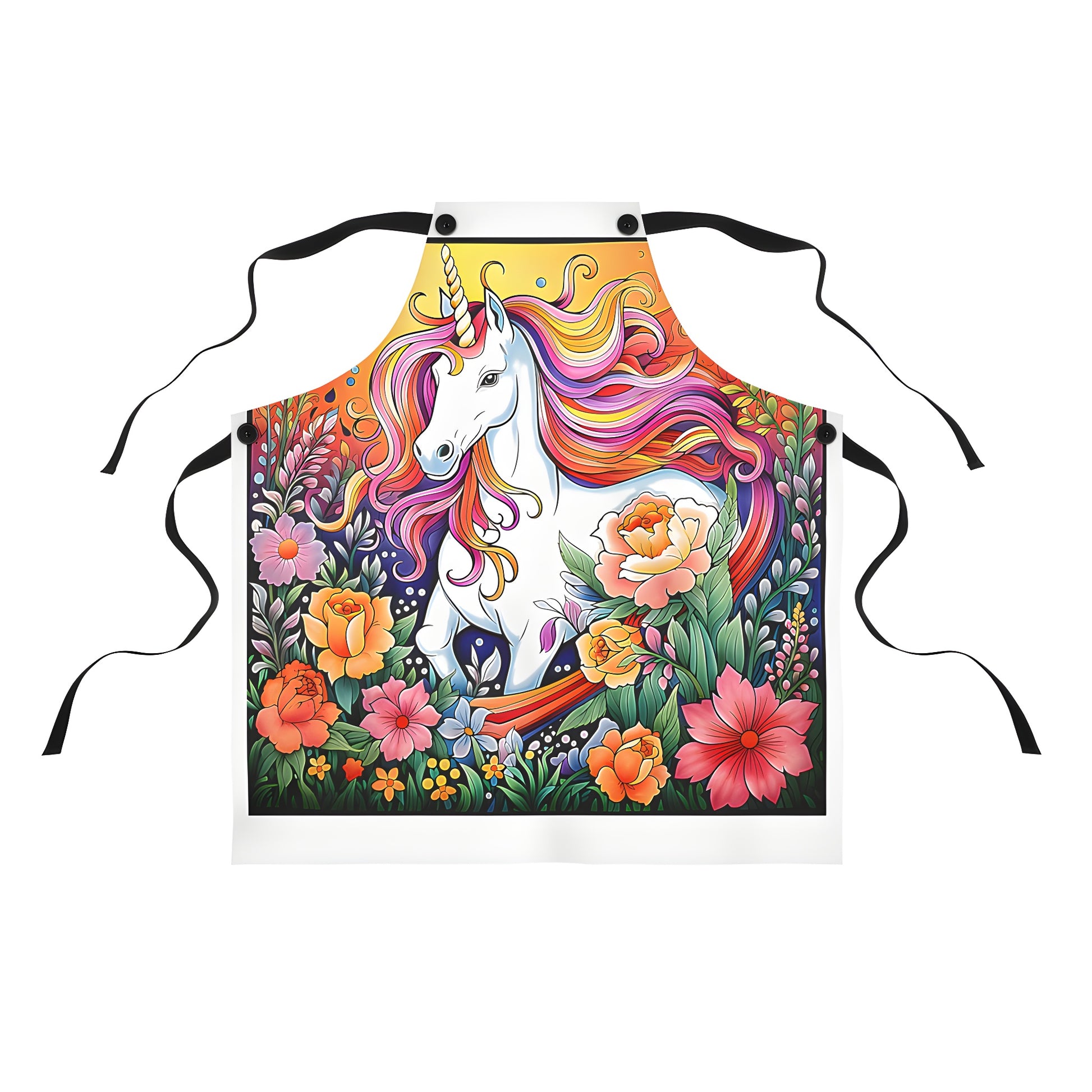 Colorful apron featuring a whimsical unicorn surrounded by blooming flowers in a lush garden