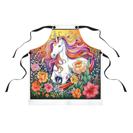 Colorful apron featuring a whimsical unicorn surrounded by blooming flowers in a lush garden