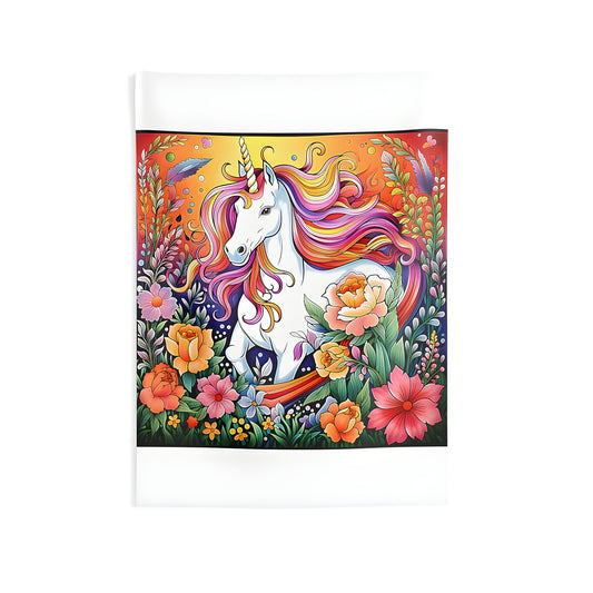 Vibrant indoor wall tapestry featuring a unicorn with rainbow mane surrounded by blooming flowers