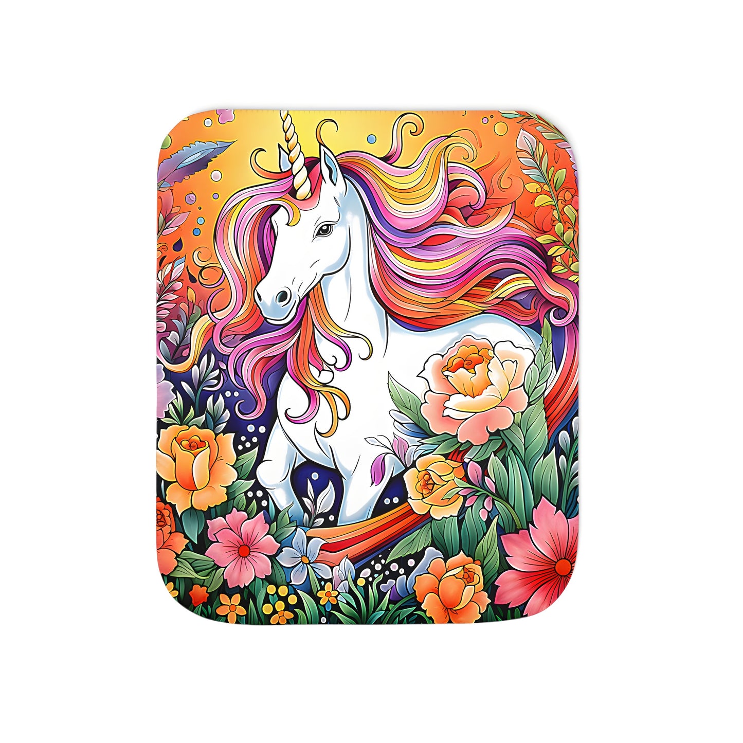 Colorful blanket featuring a unicorn in a flower garden