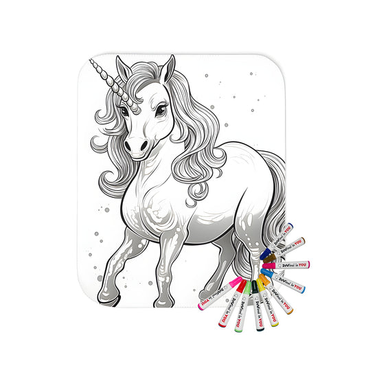 Cozy blanket with vibrant black and white unicorn illustration featuring intricate details and flowing mane