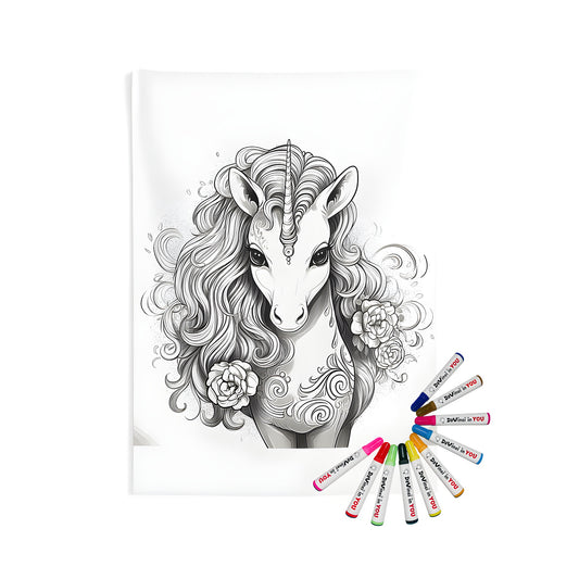 Intricate unicorn illustration wall tapestry with colorful fabric markers