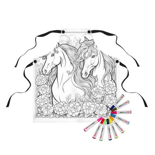 Colorful floral horse apron with intricate details and 10 fabric markers for creative adults