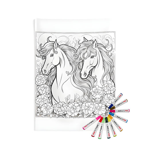 Indoor wall tapestry for home decor with floral horse designs and intricate black and white line drawings