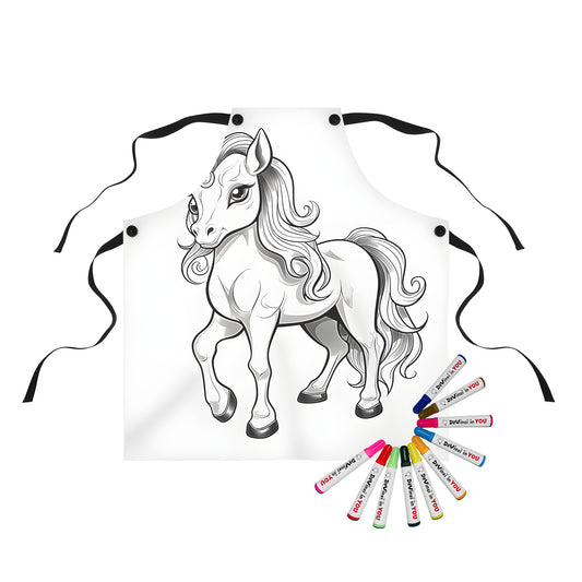 Aprons with horse-like creature illustrations from black and white coloring pages, featuring fantasy magic mythical horses