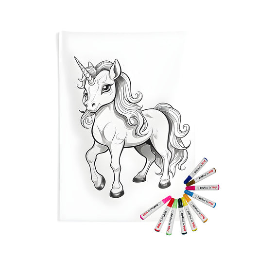 Magical wall tapestries featuring a unicorn illustration, perfect for indoor decor and coloring kits