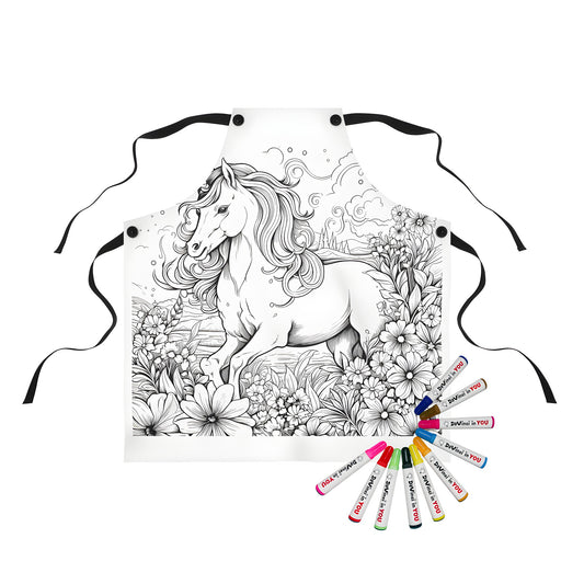 Coloring apron featuring an enchanting mythical unicorn illustration amidst lush floral surroundings