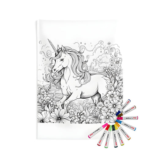 Magical Unicorn wall tapestry, unicorn fabric art, colorful unicorn decor