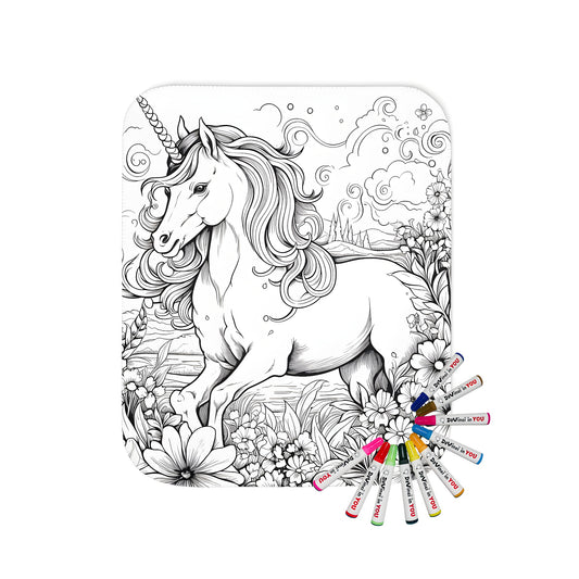 Blanket with vibrant Magical Unicorn, Pegasus, or Mythical Horse design. A detailed illustration of a unicorn amidst lush flowers and nature background. Perfect for coloring.