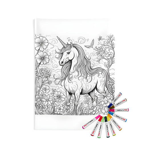 Colorful Unicorn Wall Tapestry with Flowers and Butterflies