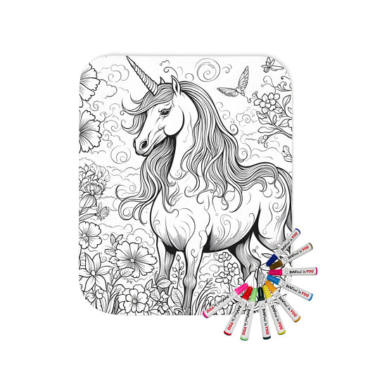 Blanket featuring a whimsical design of a unicorn horse with flowing mane surrounded by colorful flowers and butterflies, perfect for adult coloring enthusiasts