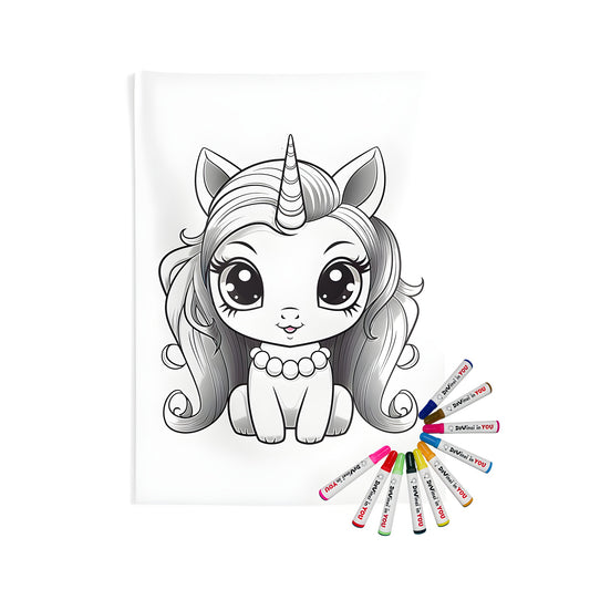 Coloring wall tapestry of cute unicorn illustration for baby nursery decor