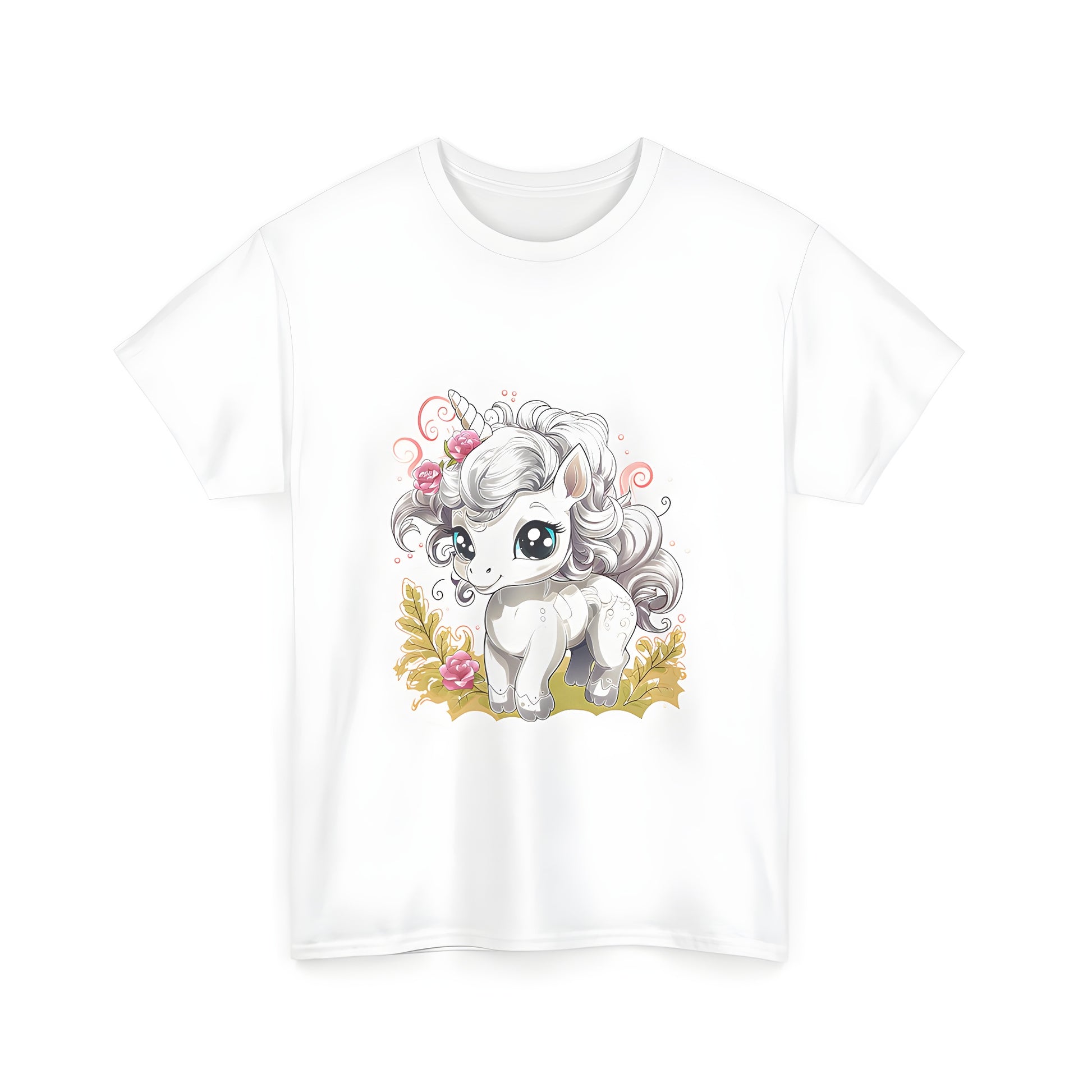 Unisex T-Shirt featuring colorful illustration of baby unicorn with flowing mane, pink roses and leaves