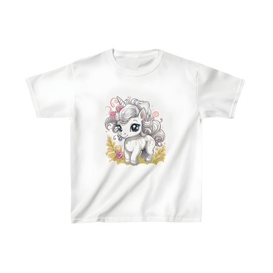 Colorful kid's t-shirt featuring an adorable baby unicorn with large eyes and a flowing mane adorned with pink roses, set amidst leaves and flowers.