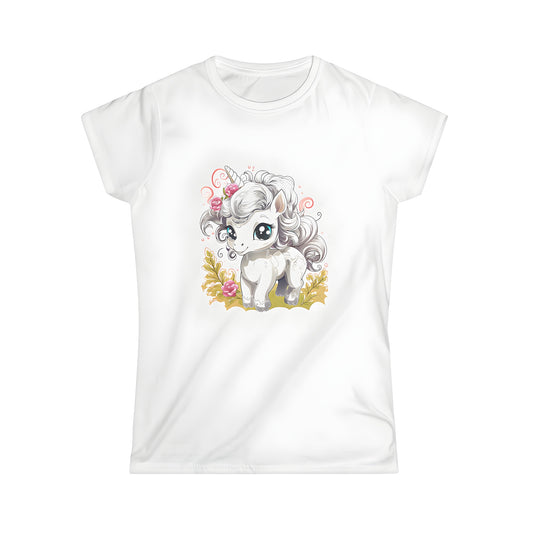 Women's T-shirt featuring adorable unicorn design with large eyes, flowing mane, and pink roses amidst leaves and flowers