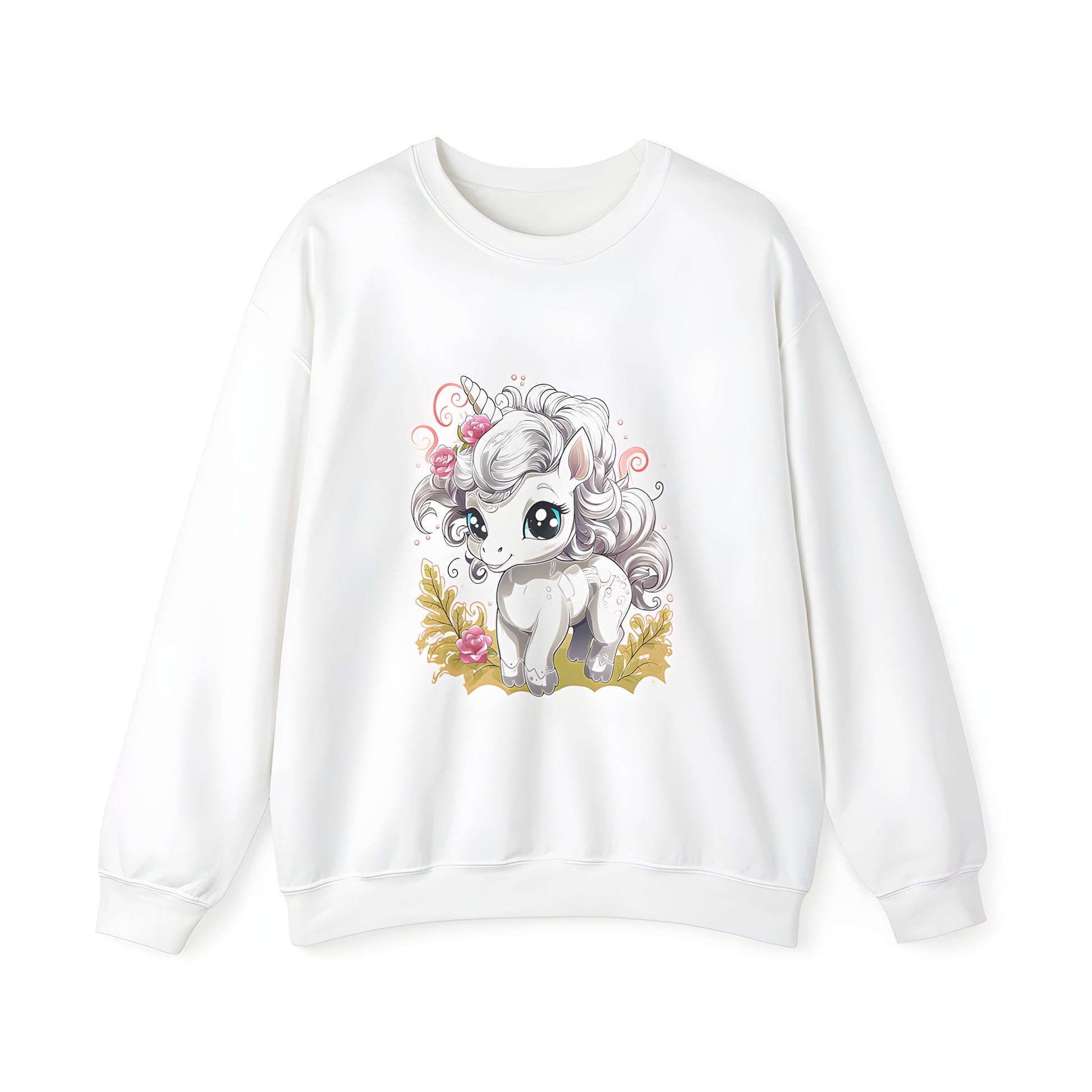 Adult Sweatshirt with Adorable Baby Unicorn Design, featuring a sweet baby unicorn with large eyes and a flowing mane adorned with pink roses, surrounded by lush leaves and vibrant flowers