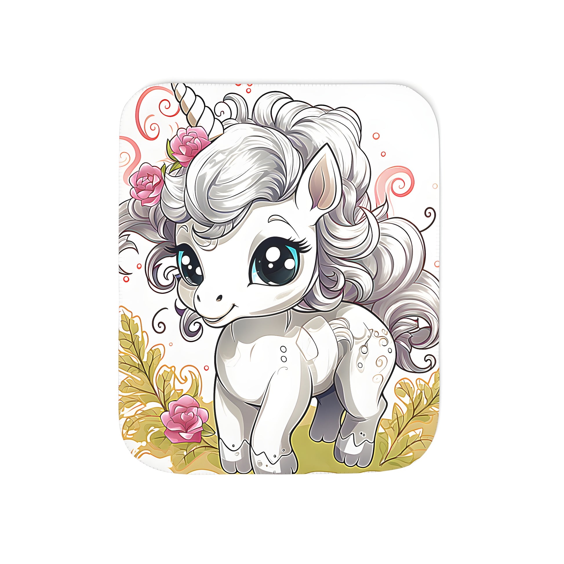 Colorful unicorn blanket with cute baby unicorn design, featuring large eyes and flowing mane adorned with pink roses, amidst leaves and flowers