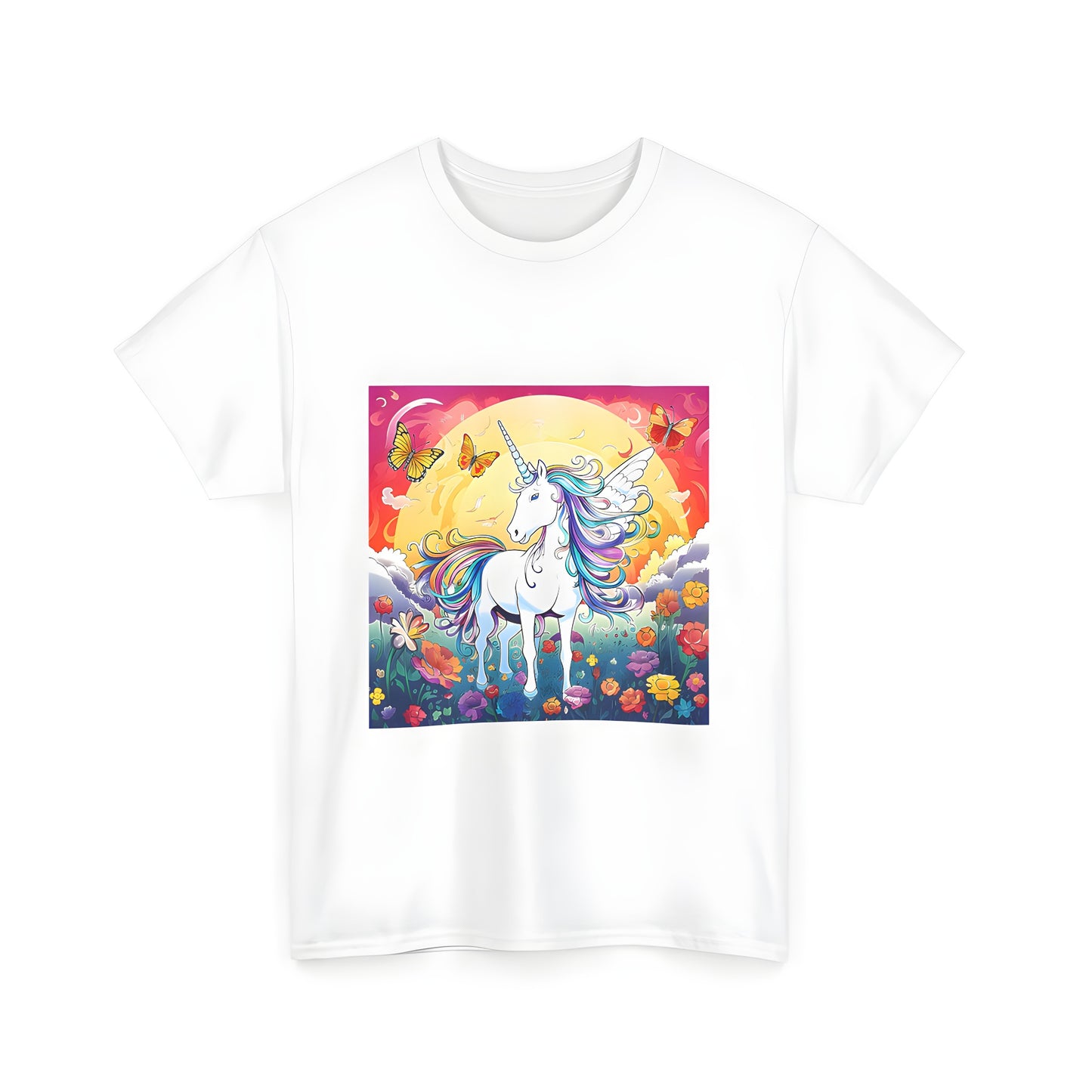 Vibrant winged horse unicorn t shirt with colorful flowers and butterflies