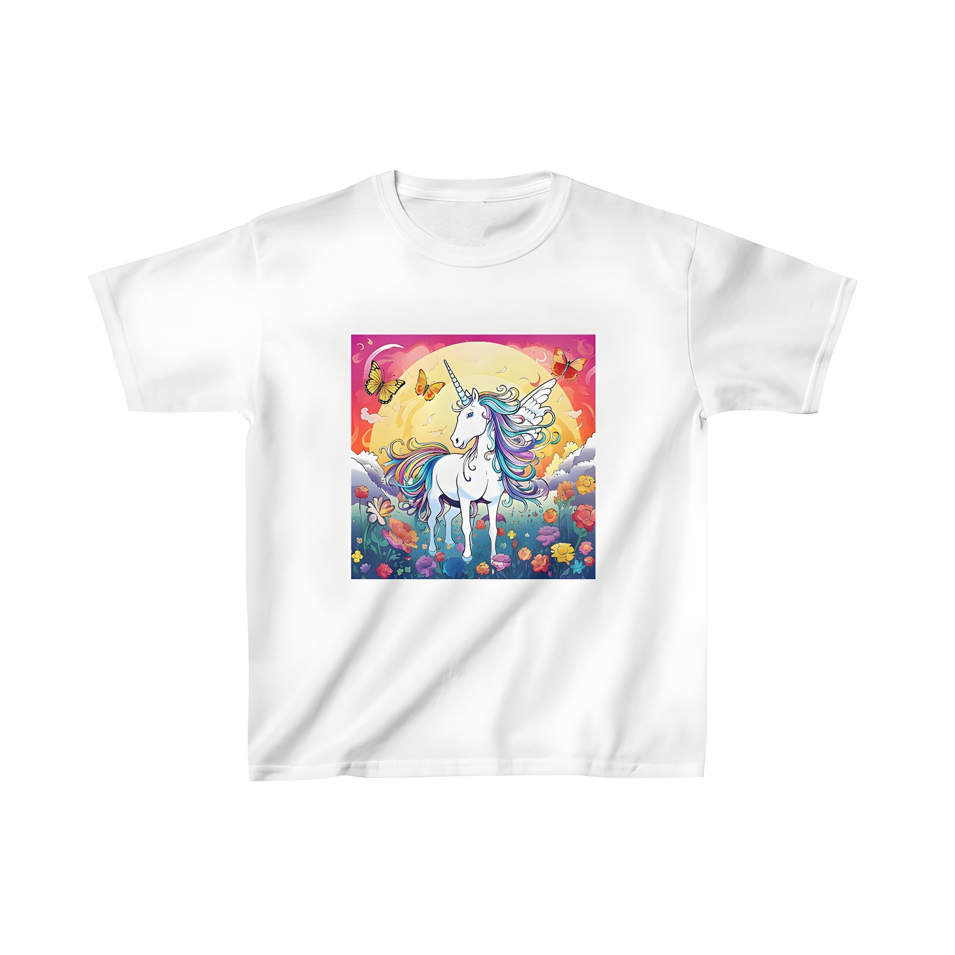 Colorful winged unicorn t-shirt for kids, featuring a vibrant design of a horse with a colorful mane and flowers