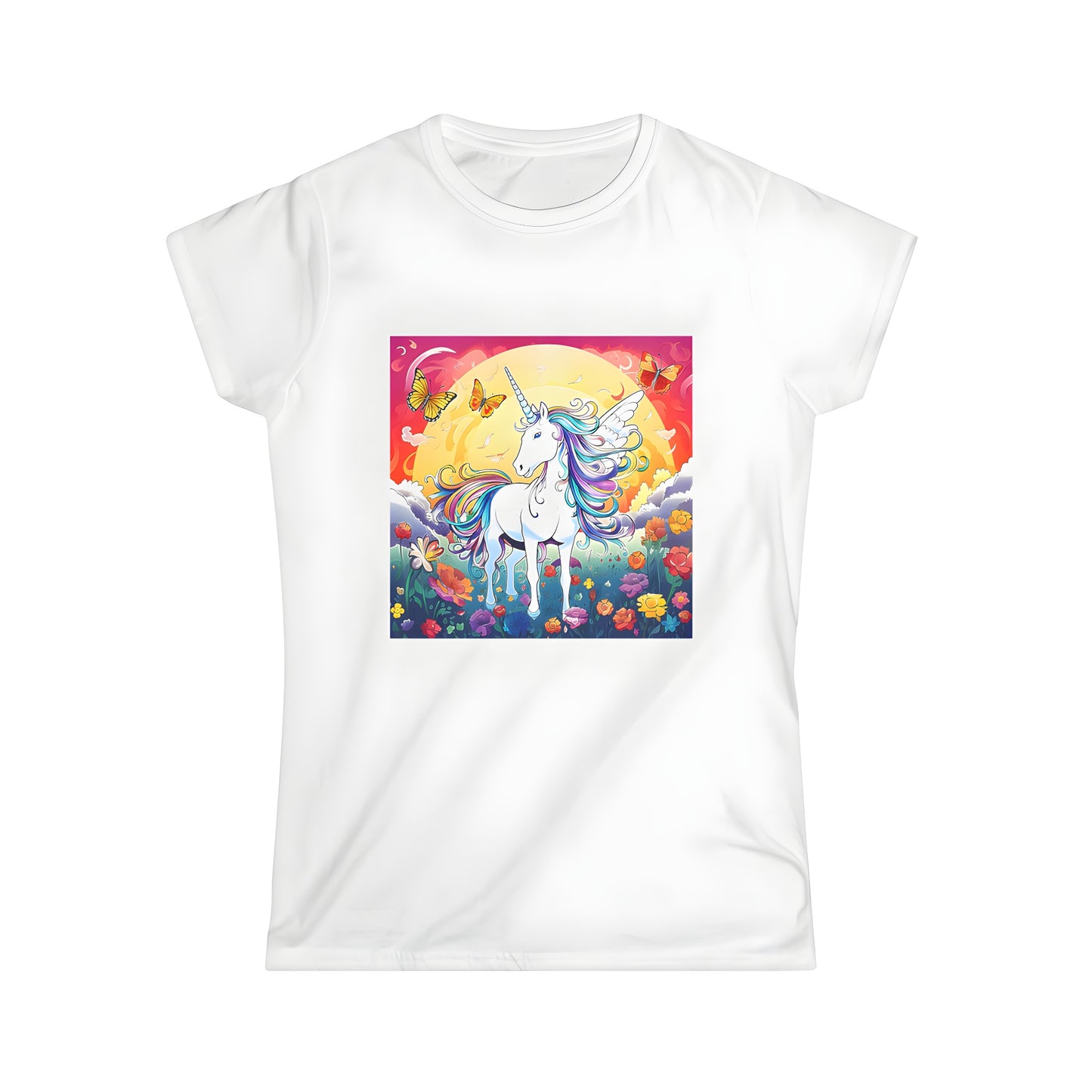 Vibrant unicorn apparel for women, colorful t shirt featuring a winged horse design with flowers and butterflies