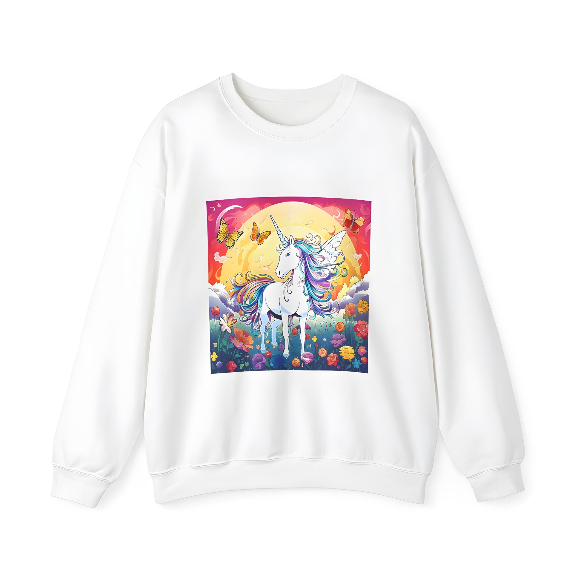 Adult sweatshirt featuring a colorful winged unicorn design among flowers and butterflies under a bright sunset sky