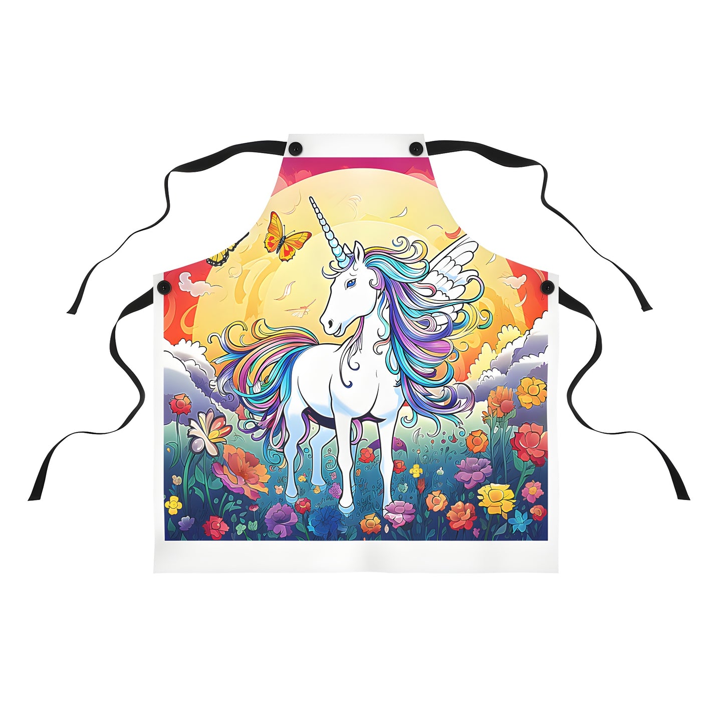 Colorful winged unicorn apron design, vibrant apron with floral and butterfly print, unique gift for unicorn lovers