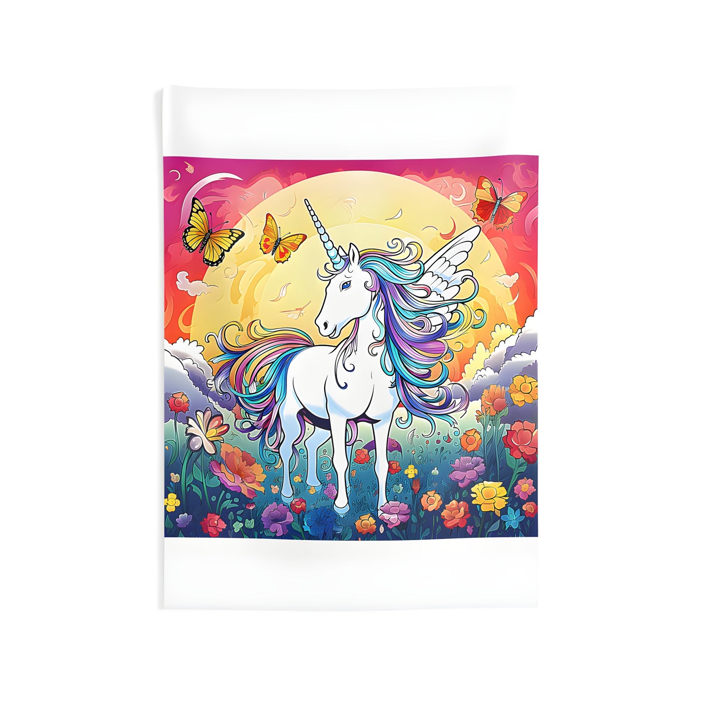 Indoor wall tapestry with colorful winged unicorn design among flowers and butterflies under sunset sky