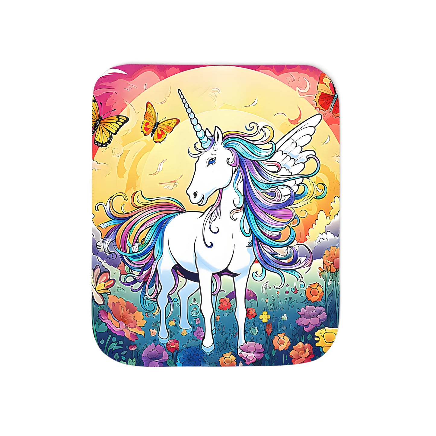 Cozy blanket featuring a colorful winged unicorn design with flowers and butterflies