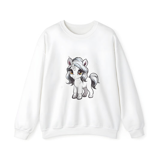 Adult sweatshirt featuring a colorful baby unicorn design with a white fur coat and gray mane