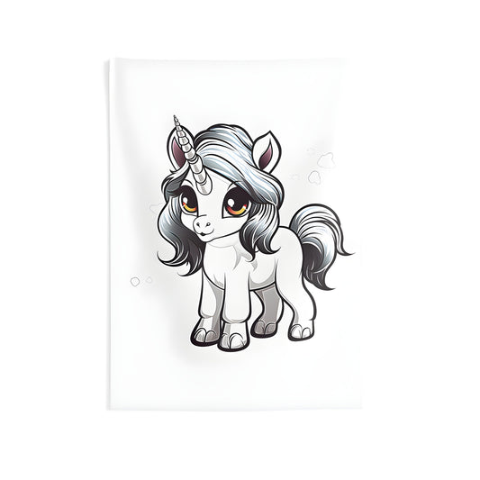 Whimsical indoor wall tapestry featuring an adorable baby unicorn with a white fur coat and flowing gray mane