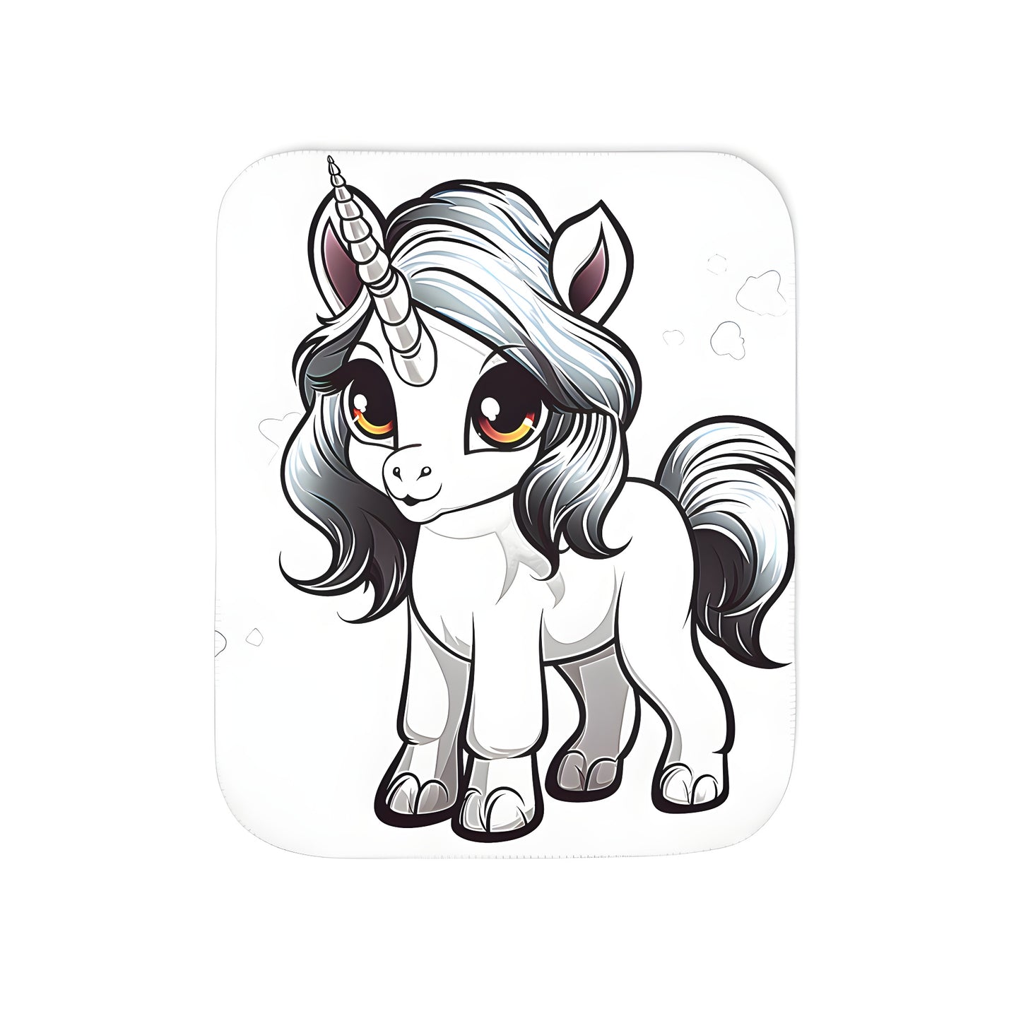 Cozy blanket featuring an adorable baby unicorn with a white fur coat and gray flowing mane