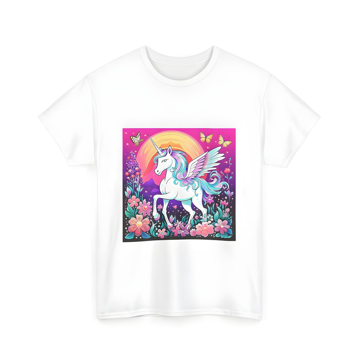 Colorful unicorn t shirt with wings and colorful mane in a garden