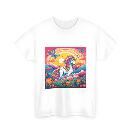 Enchanted Unicorn Graphic Tee, Vibrant Rainbow Landscape Print, Unisex Cotton Shirts, Perfect Gift for Unicorn Lovers