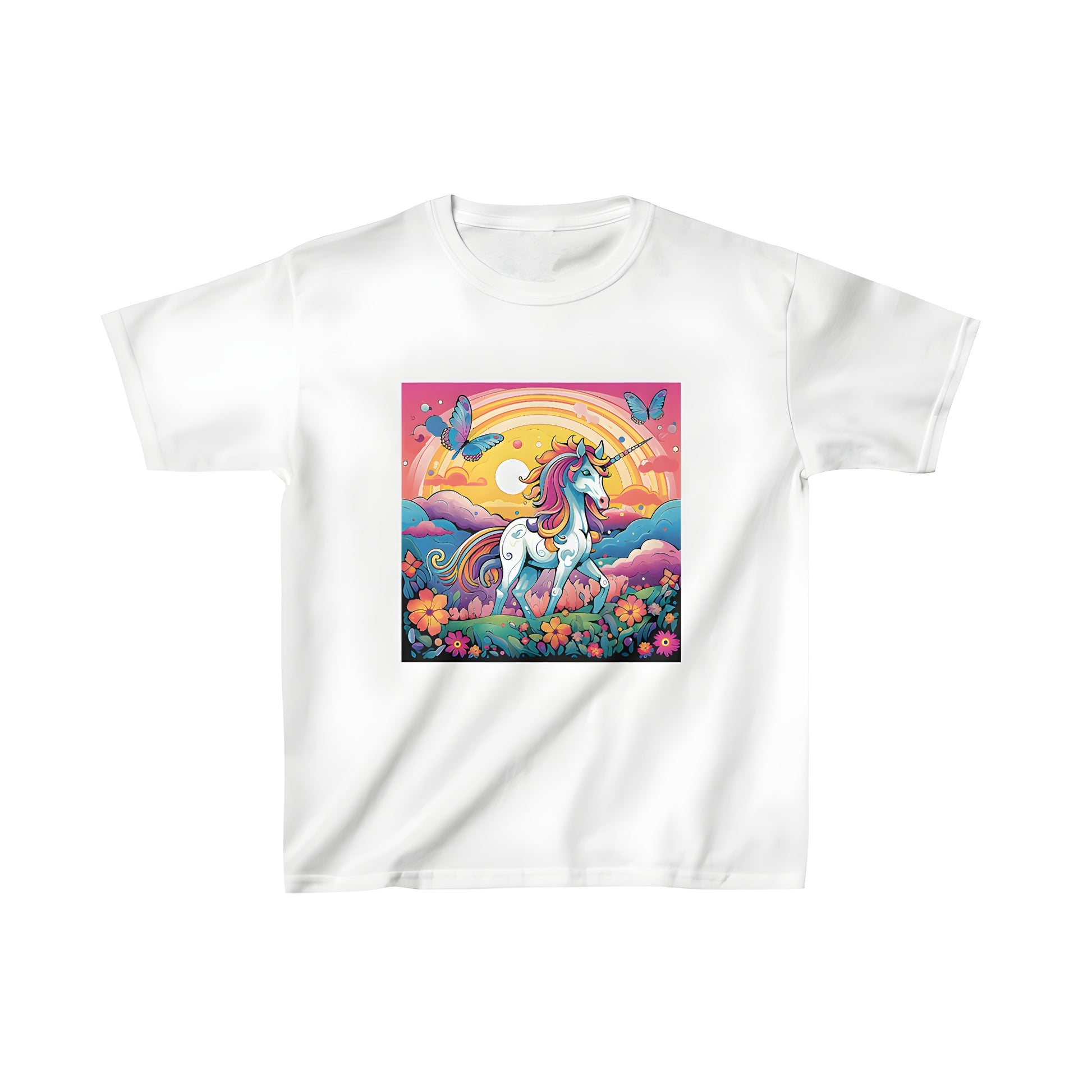 Colorful kids t-shirt with vibrant unicorn design, butterflies, rainbow, and flowers on a magical landscape