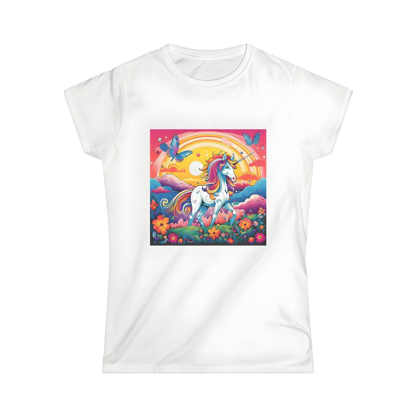 Women's T-Shirt featuring a whimsical unicorn design, vibrant colors, butterflies, and flowers on a rainbow background