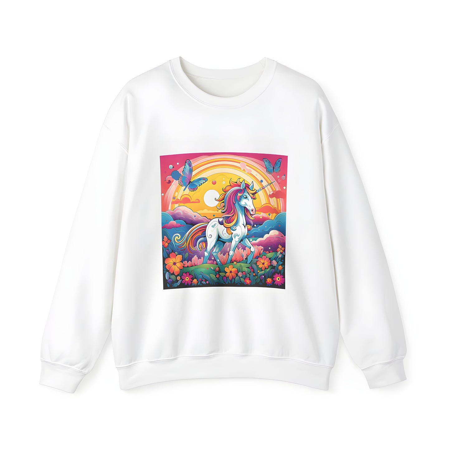 Adult sweatshirt with a vibrant unicorn and butterfly design