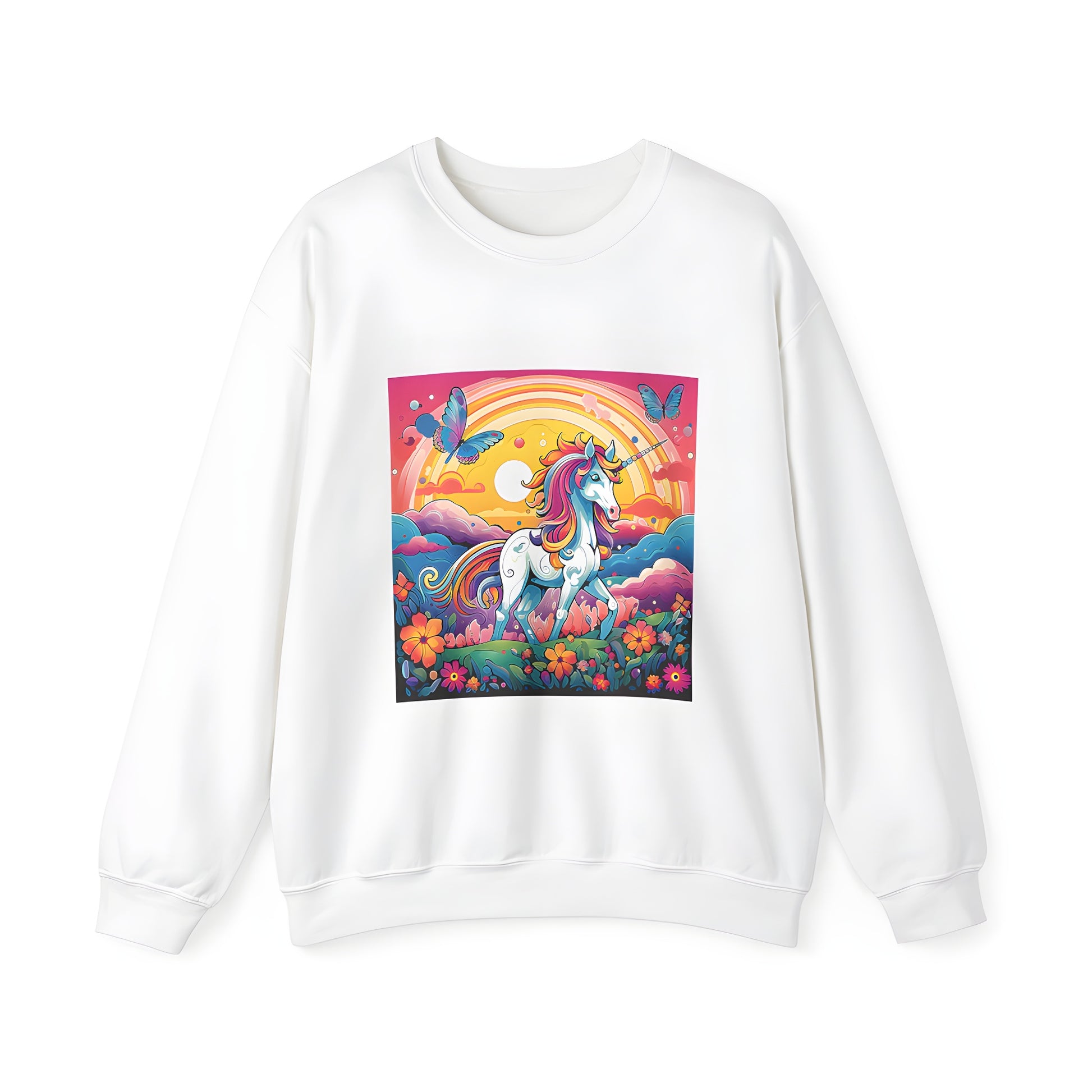 Adult sweatshirt with a vibrant unicorn and butterfly design