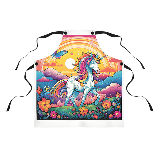 Colorful apron design of a magical unicorn, butterflies, and whimsical landscape with a rainbow and flowers