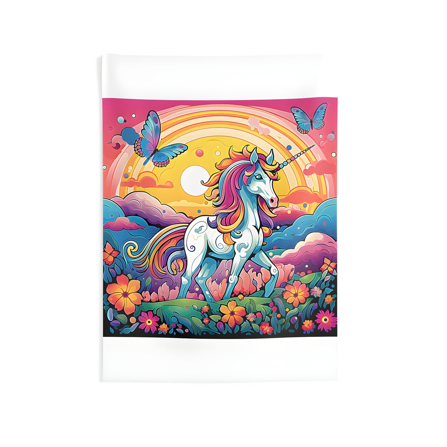 Indoor Wall Tapestry featuring a vibrant unicorn design, colorful butterflies, and whimsical landscape with rainbow and flowers