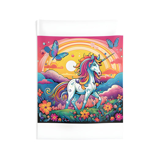 Indoor Wall Tapestry featuring a vibrant unicorn design, colorful butterflies, and whimsical landscape with rainbow and flowers