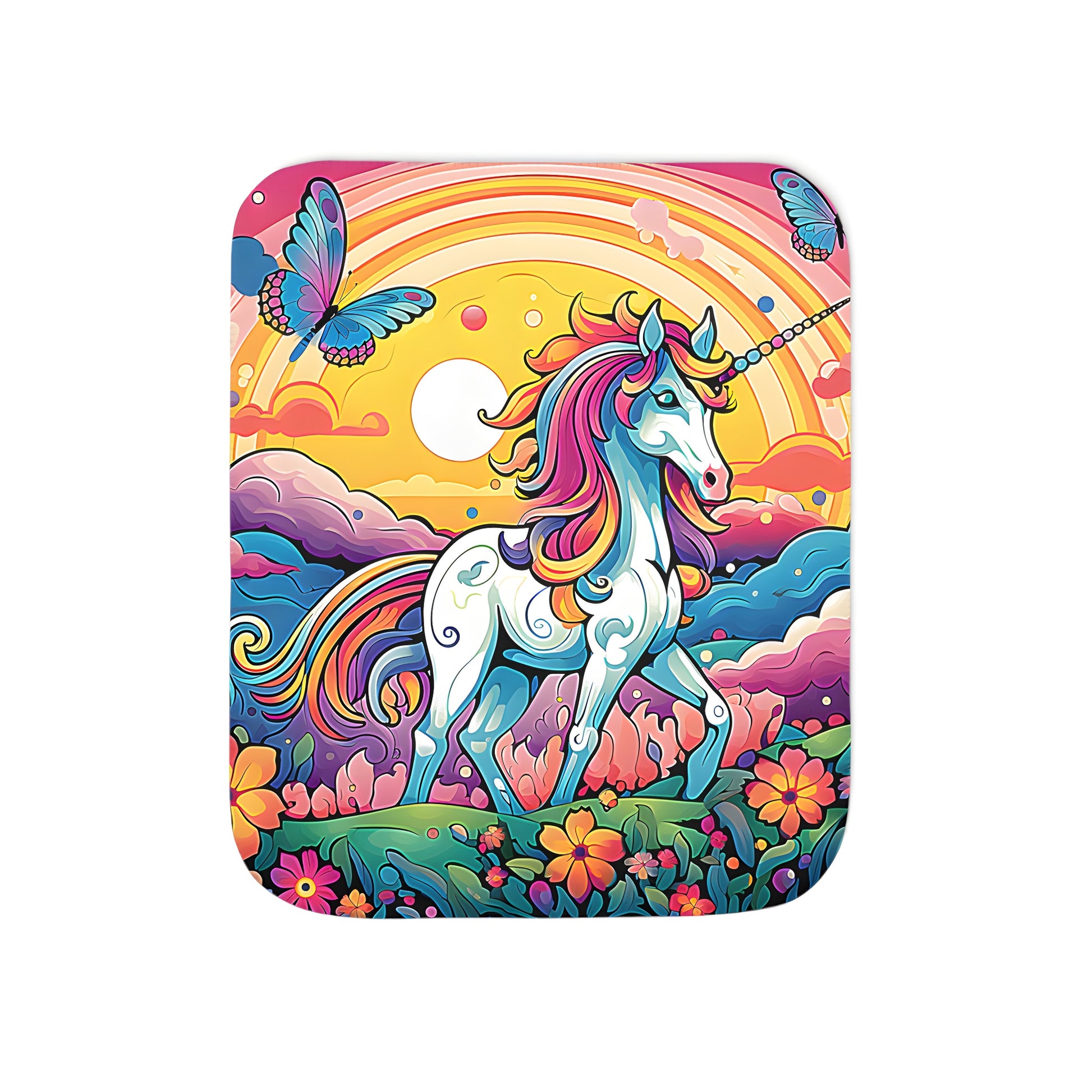 Colorful blanket with whimsical unicorn design, adorned with vibrant butterflies and a stunning rainbow landscape featuring blooming flowers