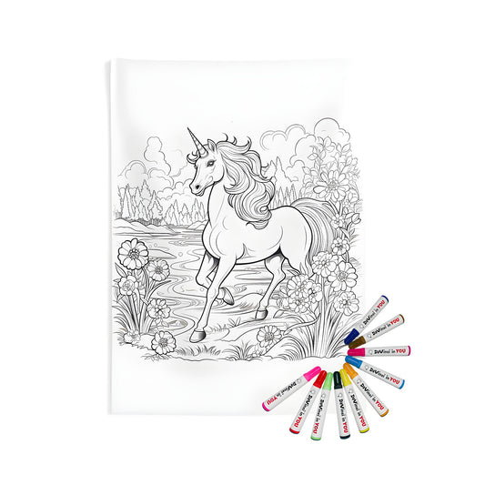 Indoor wall tapestry featuring a magical unicorn scene in nature for coloring with 10 fabric markers