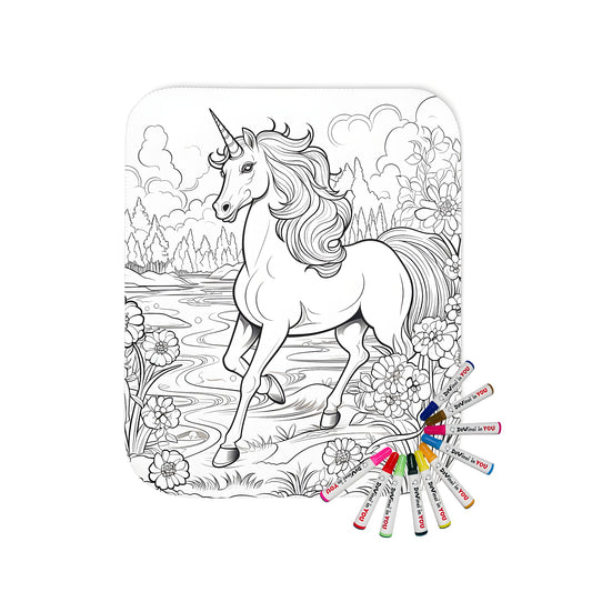 Blanket with enchanting unicorn landscape design in nature