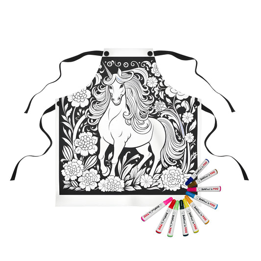 Vibrant Apron featuring a whimsical black and white unicorn with floral patterns, perfect for kids' coloring kits and art supplies