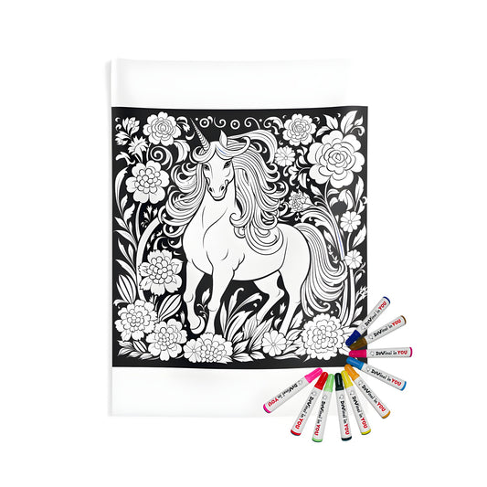 Floral unicorn coloring page tapestry for wall art decor with fabric markers