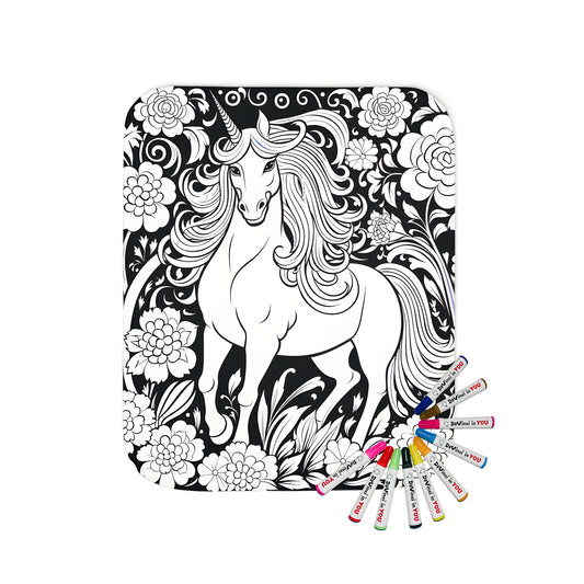 Detailed floral unicorn blanket design for kids and adults