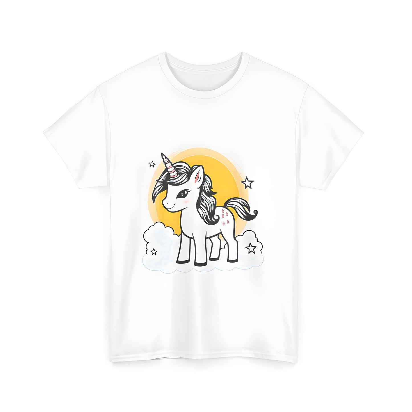 Unisex T-shirt featuring a whimsical baby unicorn design, perfect for fans of mythical creatures and colorful art. Includes striped horn, stars, and a bright yellow sun on a soft tee.