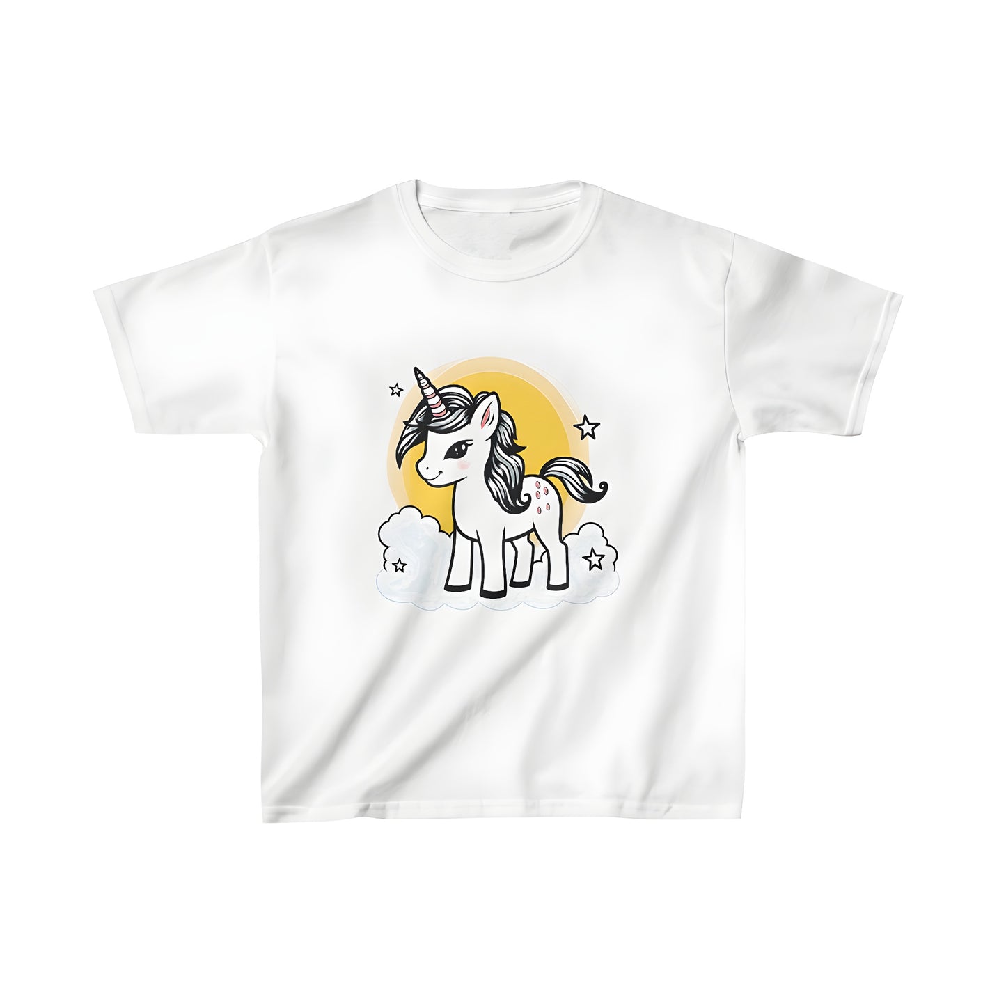 Colorful kid's t-shirt featuring a cute baby unicorn design with striped horn standing on clouds surrounded by stars and bright yellow sun